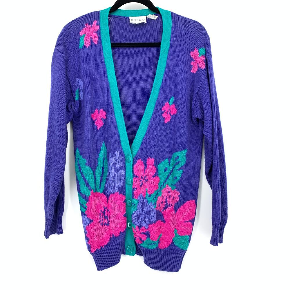 Vintage 80s Russ V-Neck Cardigan Sweater Womens Sz M Purple Pink Teal Floral